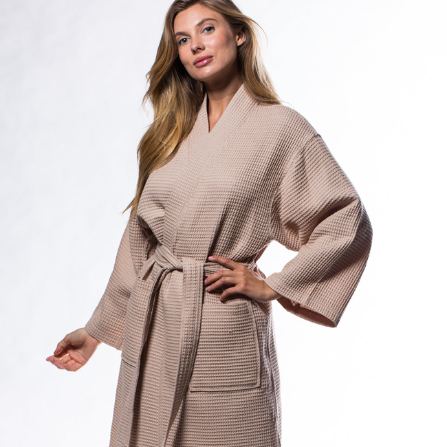 Waffle Kimono Taupe Long Robe Square Pattern-gallery-46194468454659