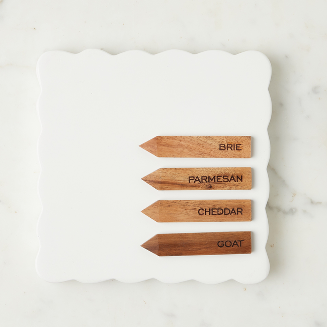 Square Scalloped Cheese Board with Cheese Markers, Small, White-gallery-48543648547009
