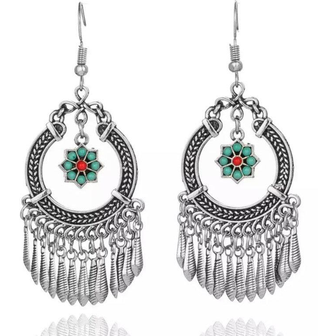 Vintage Indian Flower Tassel Boho Dangle Earrings
