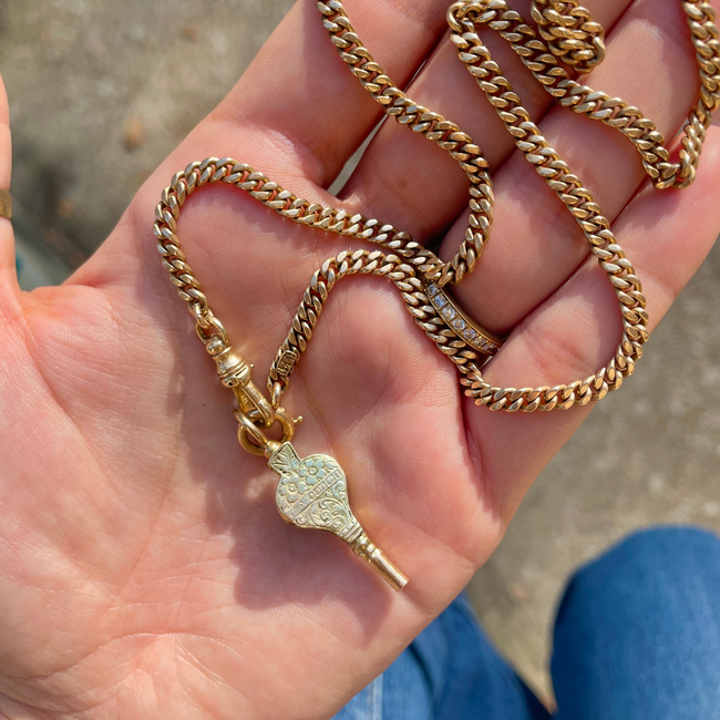 Antique yellow 14K all original flat curb watch chain, 19.5 inch-gallery-49155870359867