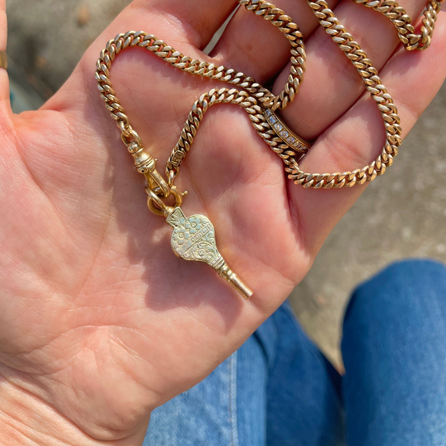 Antique yellow 14K all original flat curb watch chain, 19.5 inch-gallery-49155870359867