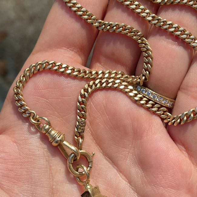 Antique yellow 14K all original flat curb watch chain, 19.5 inch-gallery-49155870392635
