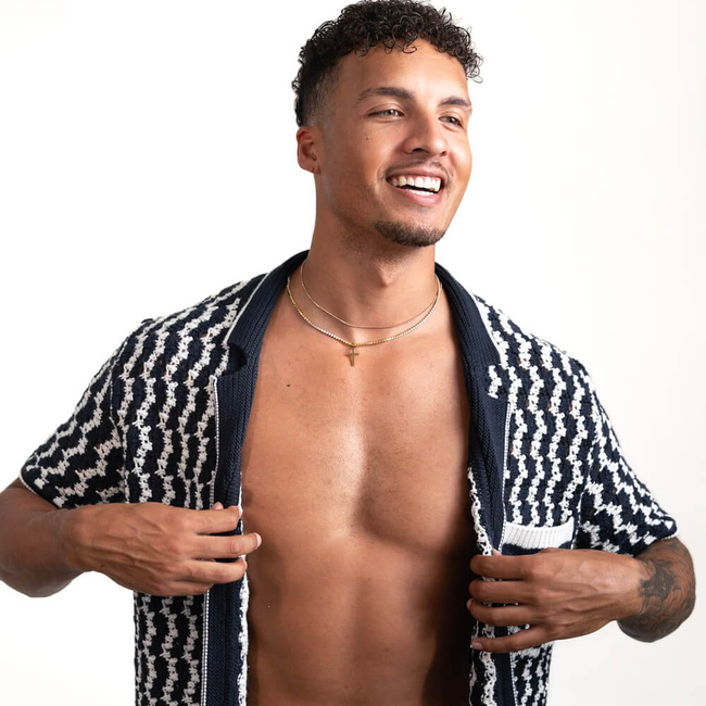 Crochet Button-Up Shirt | Organic Cashmere Cotton Blend | Navy & White-gallery-40467444433053