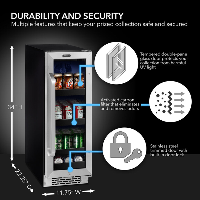 Whynter BBR-638SB 12 in. 75 12 oz. Can Built-In Beverage Fridge Cooler w/ Lock, Temp Controls, Glass-gallery-48113219043576