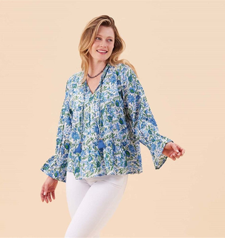 Gabrielle Blue Green Cotton Blouse with Ruffle Sleeves