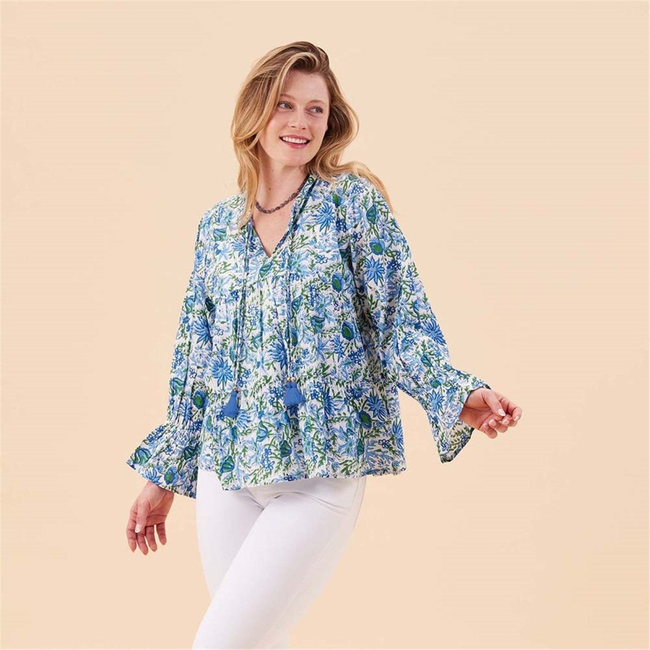 Gabrielle Blue Green Cotton Blouse with Ruffle Sleeves-gallery-32767291949143