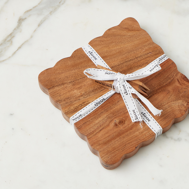 Square Scalloped Cheese Board with Cheese Markers, Small, Natural-gallery-48543719030977