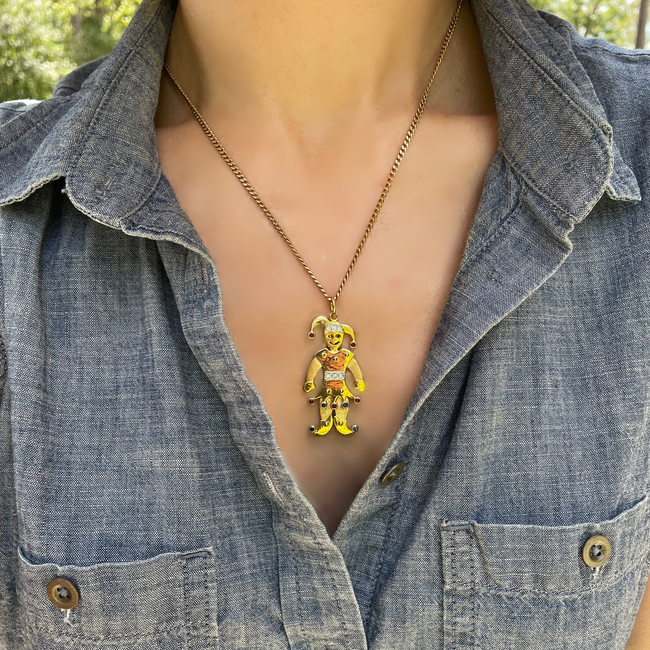 Vintage yellow 18K articulated Jester pendant with rubies, sapphires and diamonds-gallery-47460956700987