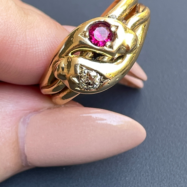 Antique Victorian yellow 18K pair of snakes ring with .25 ctw old mine cut diamond and .35 ctw ruby,-gallery-56085146698043