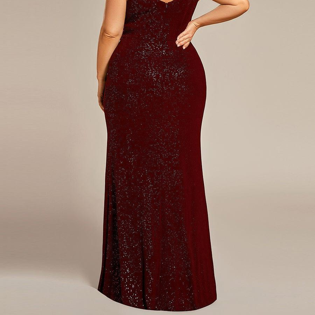 pretty NOIRE|Plus Size Glitter V-Neck High Slit Sequin Shoulder Strap Evening Dress-gallery-32647844855882