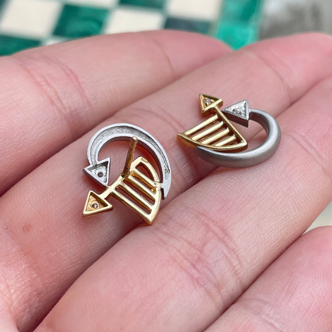 Estate Platinum, 18K and diamond arrow motif post earrings-gallery-47441304027451