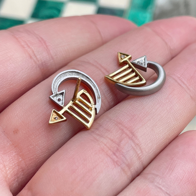 Estate Platinum, 18K and diamond arrow motif post earrings-gallery-47441304027451