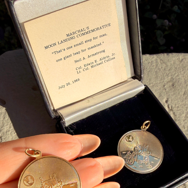 Vintage yellow 14K commemorative Moon Landing pendants with box from 1969-gallery-57141131051323