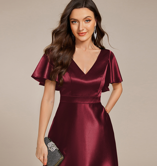 ever SCARLEN|V-neck High-Low Satin Wedding Guest Dress with Pockets