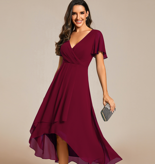 ever LARK|Ruffles Sleeve Pleated V-Neck A-Line Midi Chiffon Wedding Guest Dress