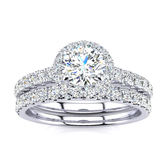 2023 Most Popular Engagement Rings 1/2 Carat Pave Halo Diamond Bridal Set in 14k White Gold