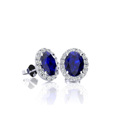 1 1/3 Carat Oval Shape Sapphire and Halo Diamond Stud Earrings In 14 Karat White Gold