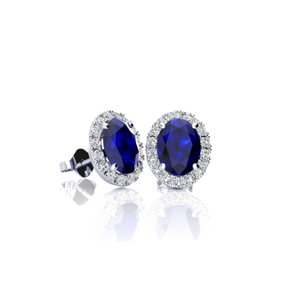 1 1/3 Carat Oval Shape Sapphire and Halo Diamond Stud Earrings In 14 Karat White Gold