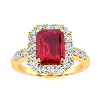 2 3/4 Carat Ruby and Halo Diamond Ring In 14 Karat Yellow Gold