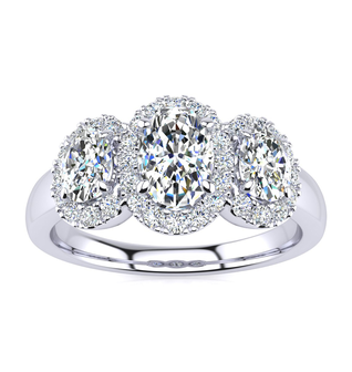 1 1/4 Carat Oval Shape Halo Lab Grown Diamond Three Stone Ring In 14K White Gold