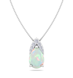7/8 Carat Pear Shape Opal and Diamond Necklace In 14 Karat White Gold, 18 Inches