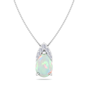 7/8 Carat Pear Shape Opal and Diamond Necklace In 14 Karat White Gold, 18 Inches