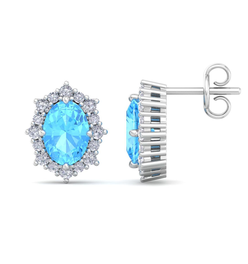 2 1/2 Carat Oval Shape Blue Topaz and Diamond Earrings In 14K White Gold
