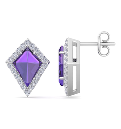 2 1/5 Carat Kite Shape Amethyst and Diamond Earrings In 14K White Gold