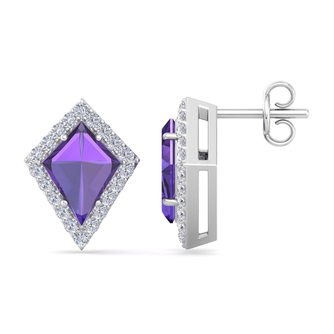2 1/5 Carat Kite Shape Amethyst and Diamond Earrings In 14K White Gold