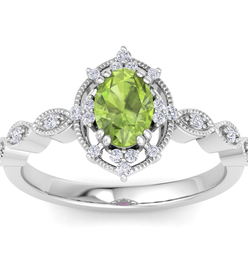 August Birthstone/Peridot Birthstone 1 Carat Peridot and Halo Diamond Ring in 14K White Gold