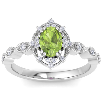 August Birthstone/Peridot Birthstone 1 Carat Peridot and Halo Diamond Ring in 14K White Gold