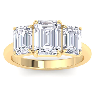 3 Carat Emerald Cut Lab Grown Diamond Three Stone Engagement Ring In 14K Yellow Gold