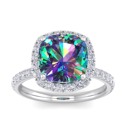 5 1/2 Carat Cushion Cut Mystic Topaz and Halo Diamond Ring In Sterling Silver