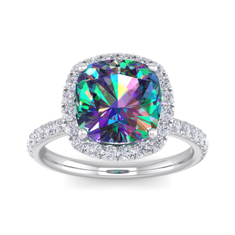 5 1/2 Carat Cushion Cut Mystic Topaz and Halo Diamond Ring In Sterling Silver