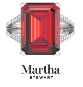 Martha Stewart 10 1/4 Carat Emerald Cut Ruby and Lab Grown Diamond Ring In Sterling Silver