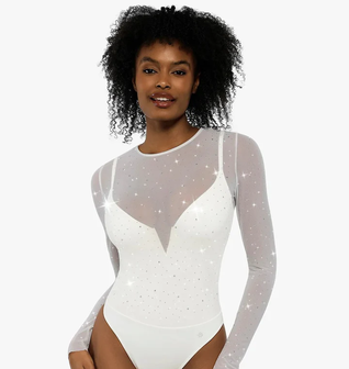 Shapewear Heat-Set Crystal Mesh Long-Sleeve Slimming Bodysuit