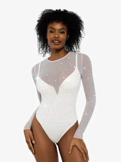 Shapewear Heat-Set Crystal Mesh Long-Sleeve Slimming Bodysuit