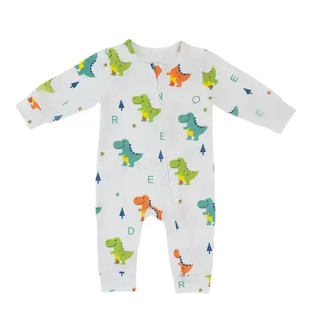 Dino Dreams Zipped Onesie (0–12 Months) – 100% Cotton Muslin Baby Sleepwear