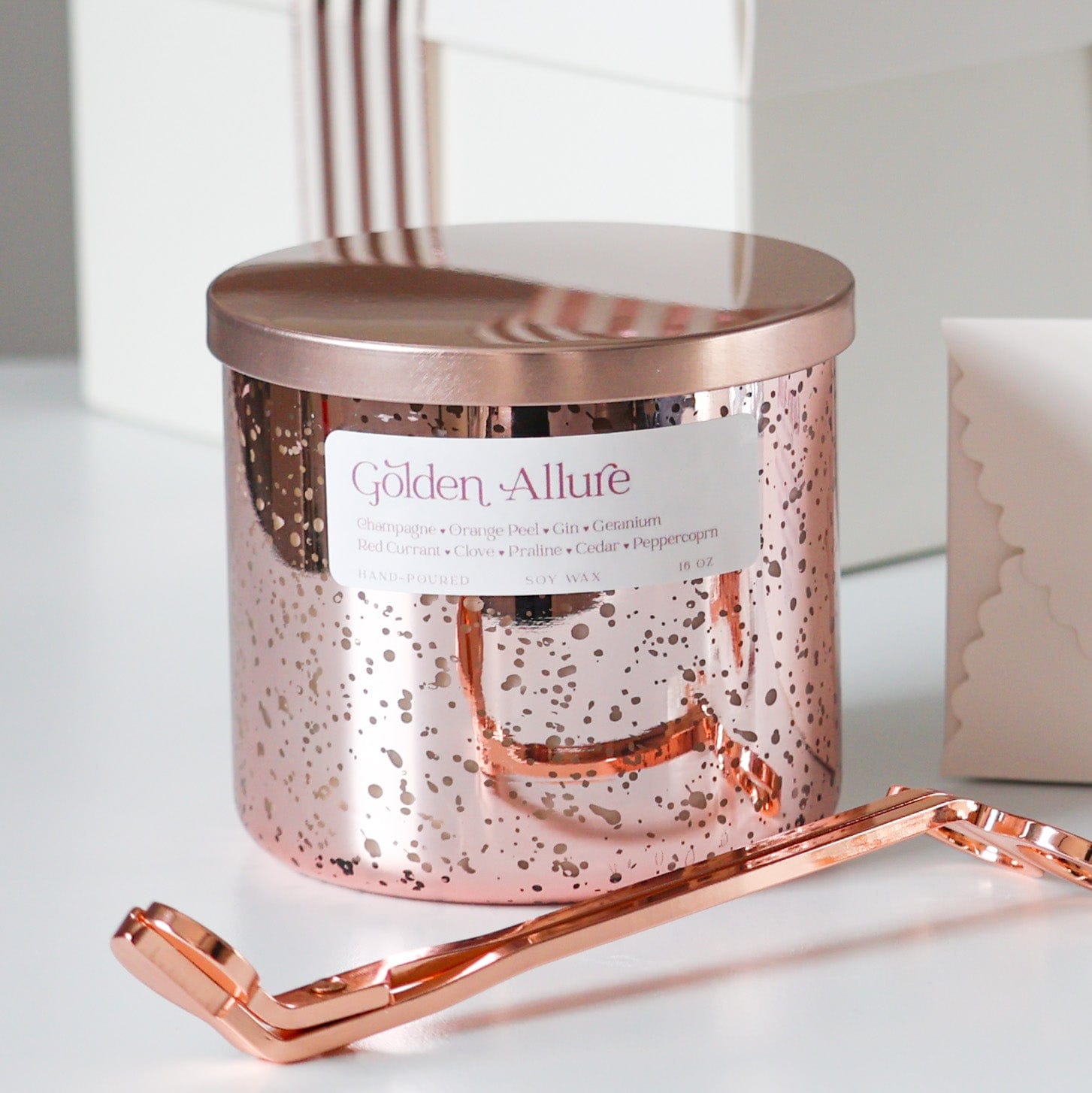 Golden Allure Gift Set: Candle, Wax Melts, Rose Gold Wick Trimmer Bundle