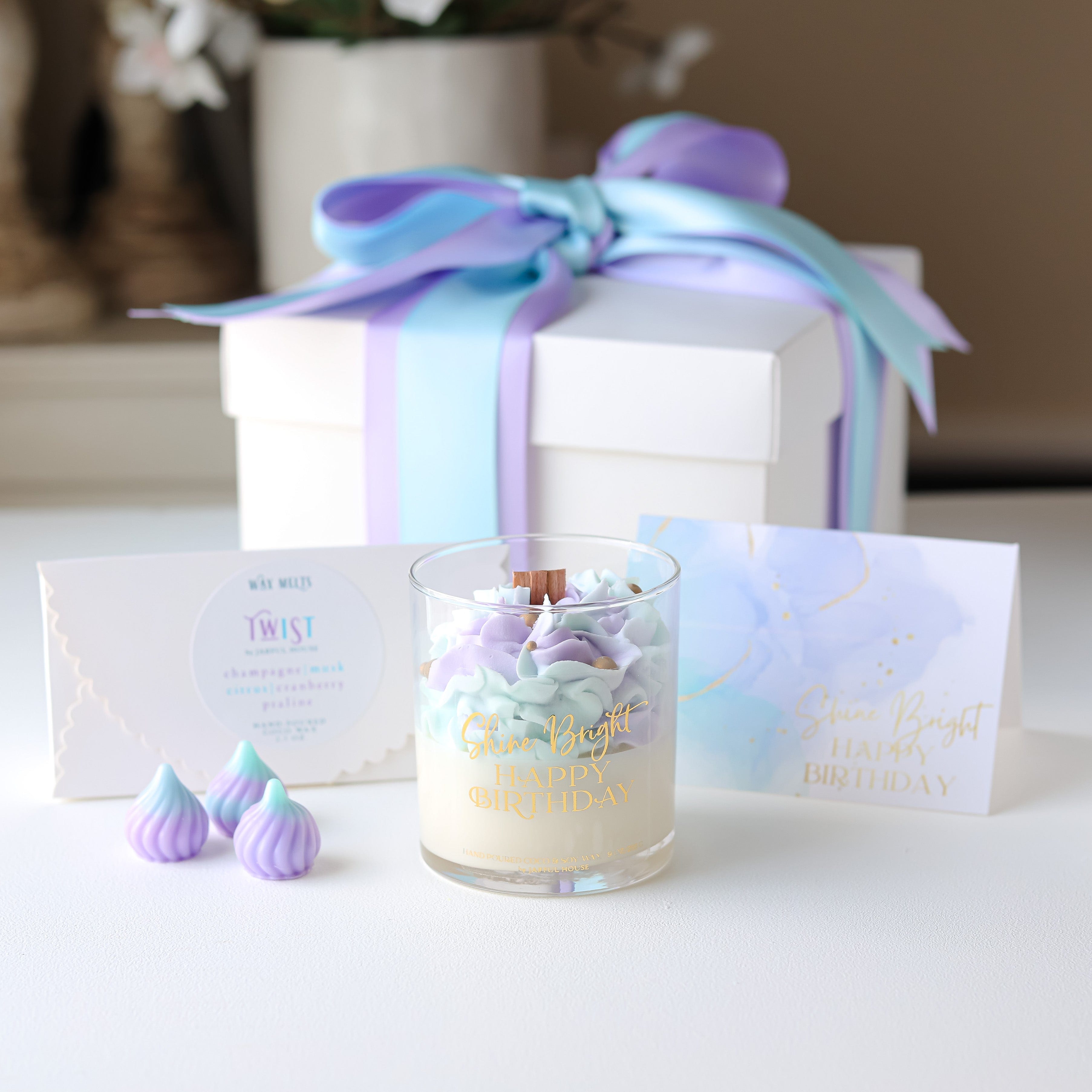 Shine Bright Happy Birthday Gift Bundle Candle +Wax Melts + Wish Card