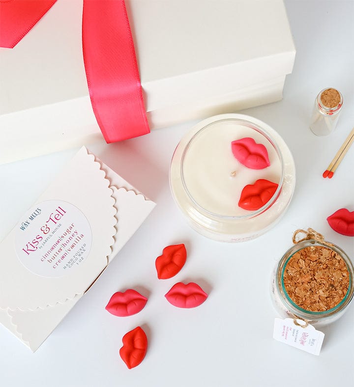 Kiss & Tell Gift Bundle: XOXO Candle, Lip Wax Melts, Velvet Rose Bath Salts