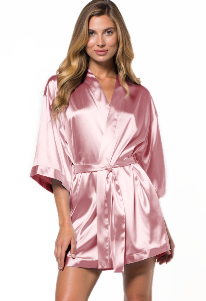 Pink Satin Kimono Short Robe