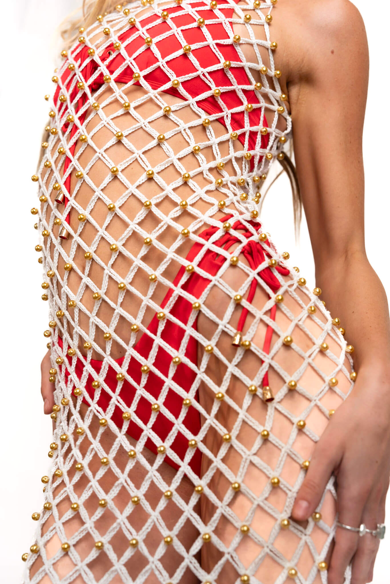 Hand-Woven Crochet Dress with Gold Beads | Cream