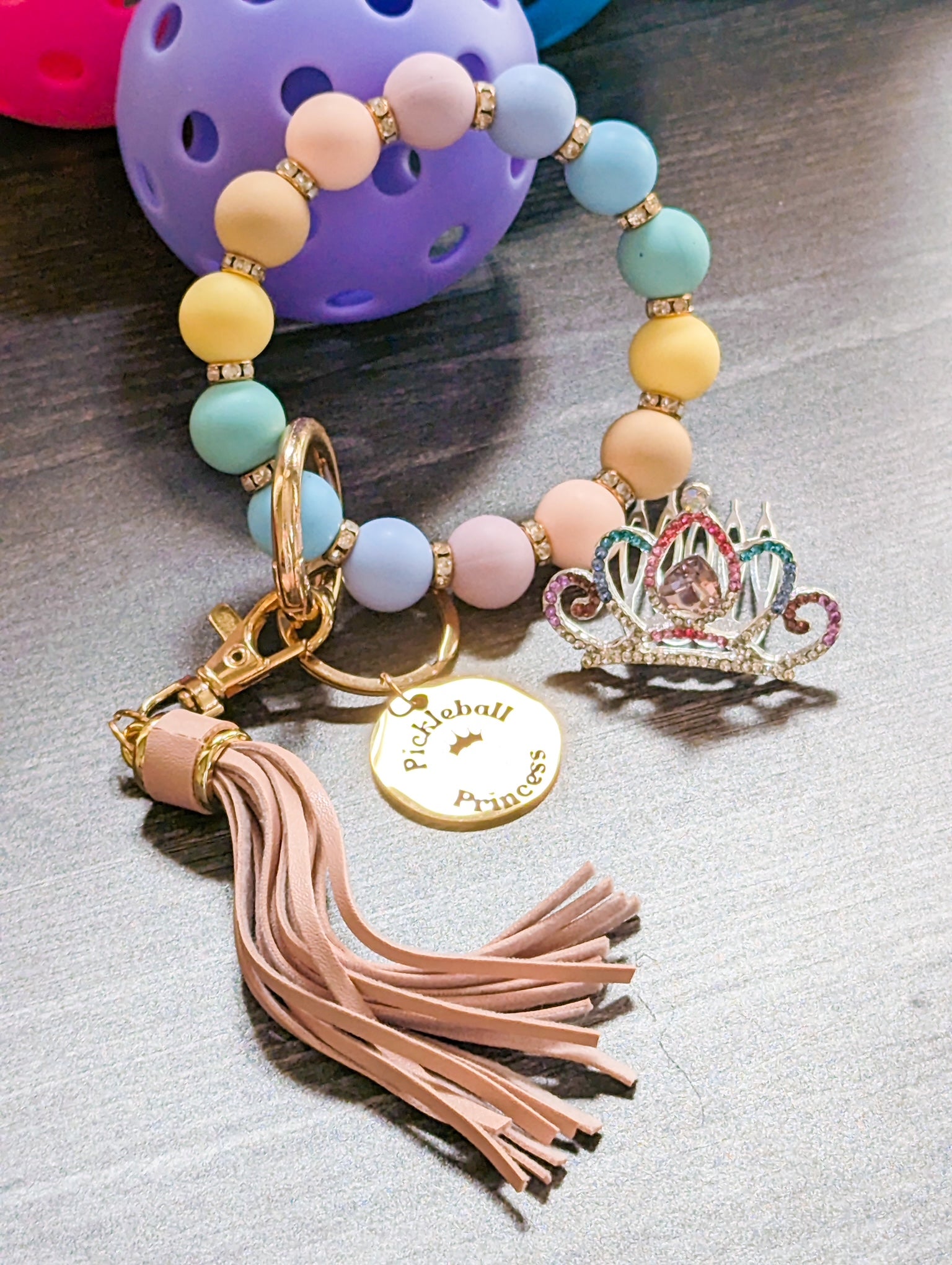 Pickleball Princess Beaded Keychain Bracelet