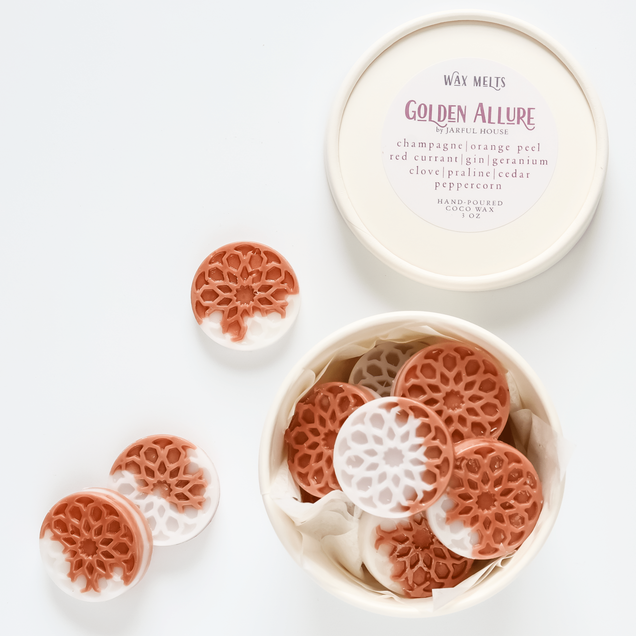 Golden Allure Wax Melts – Moroccan Design, White Rose Gold