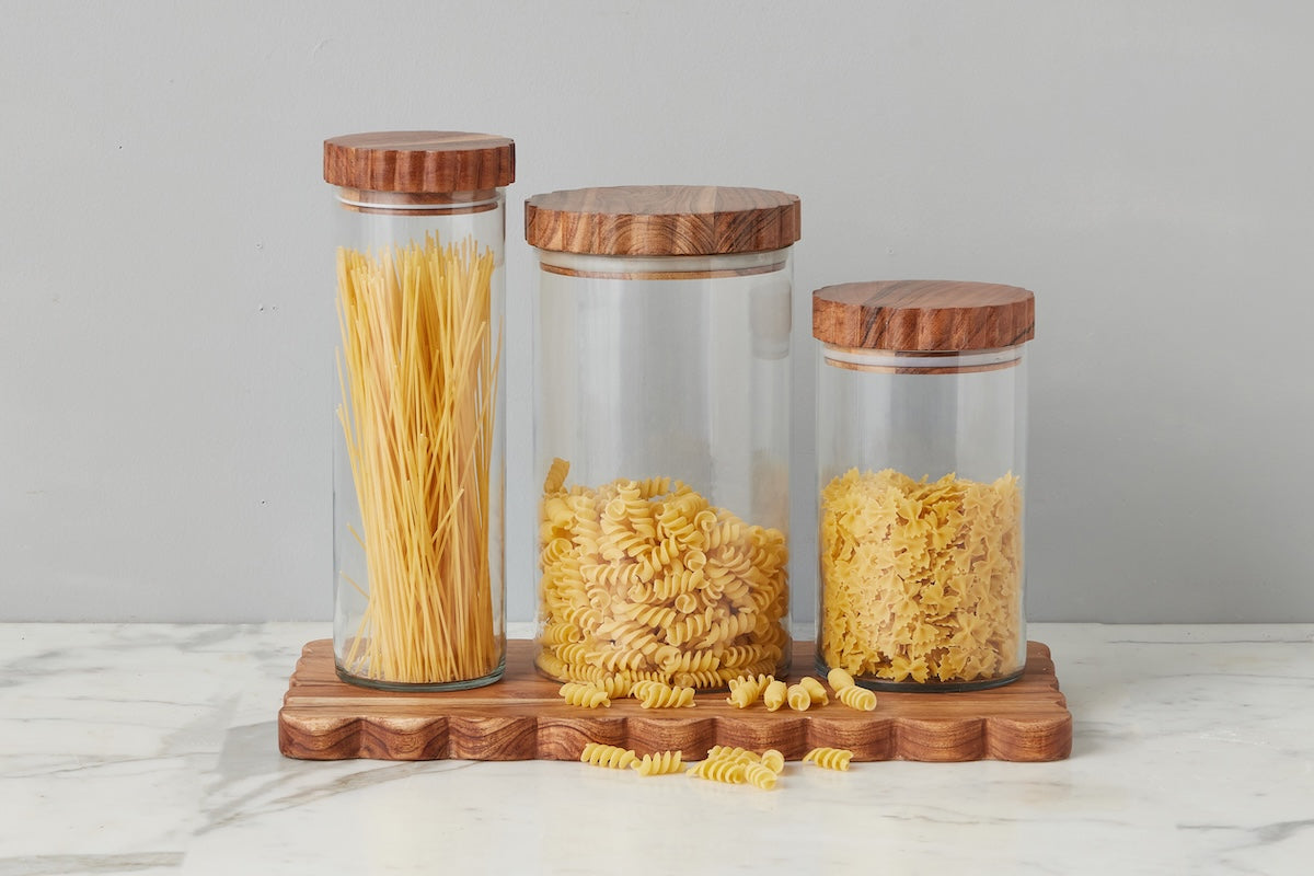 Glass Canister, Scalloped Wood Top, Set of 3