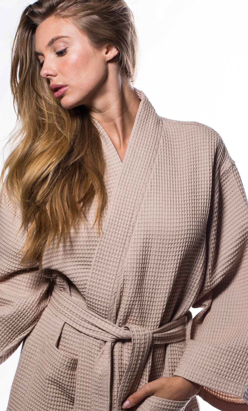Waffle Kimono Taupe Long Robe Square Pattern