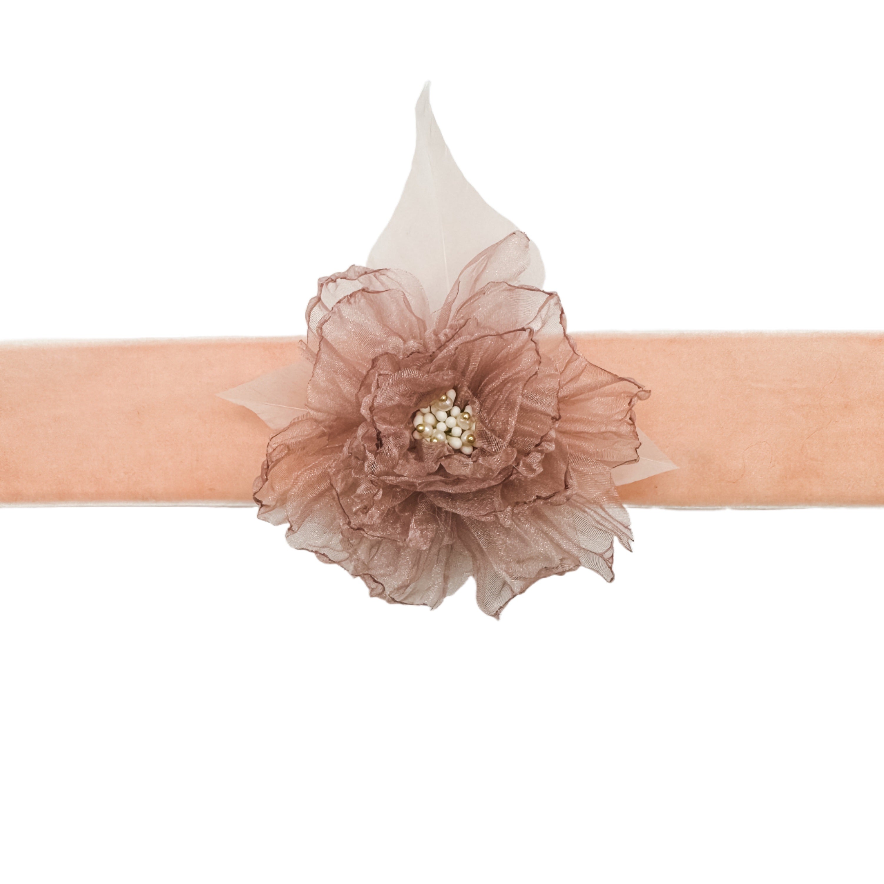 Dusty Pink Velvet Rosette Choker With Feather Accents