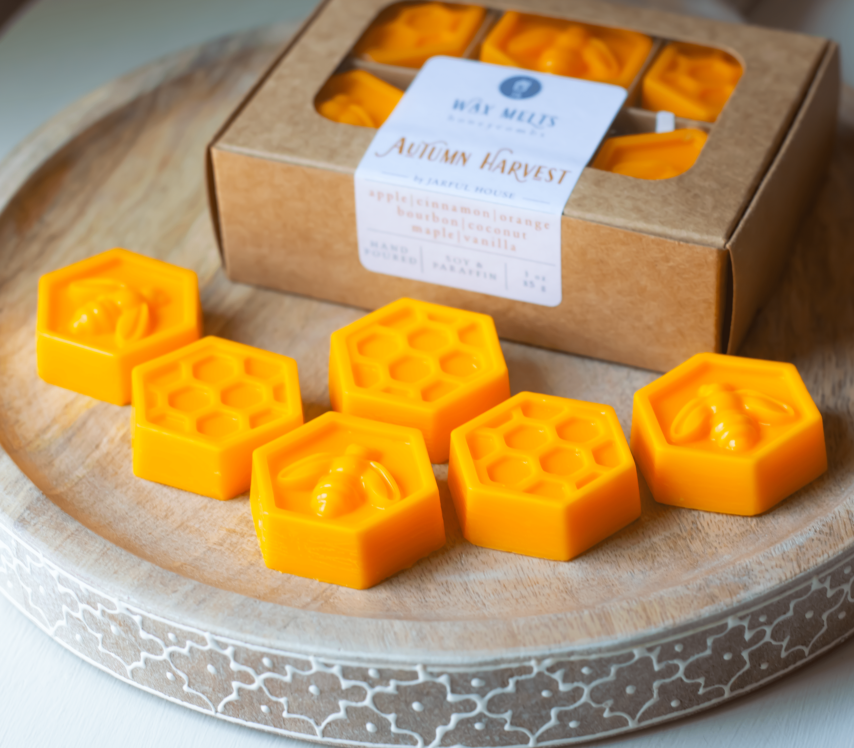 Autumn Harvest Wax Melts - Honeycomb Shaped Set of 6 | Apple, Orange, Cinnamon, Bourbon, Coconut, Bu