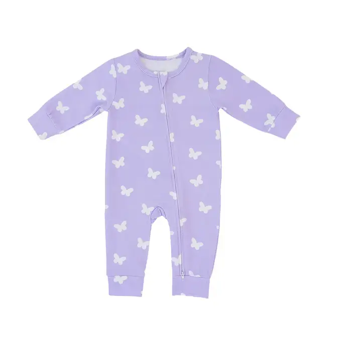 Lilac Flutter Zipped Onesie (0–12 Months) – 100% Cotton Muslin Baby Sleepwear